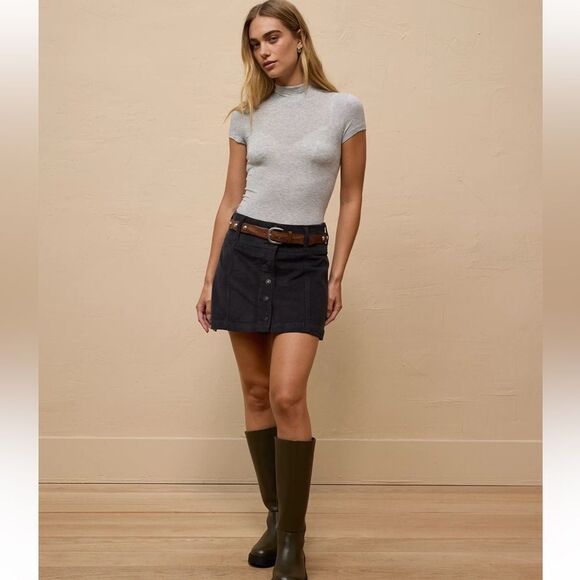 AE M-L Heather Gray Cropped Soft & Sexy Mock Neck Short Sleeve T-Shirt - Picture 5 of 10